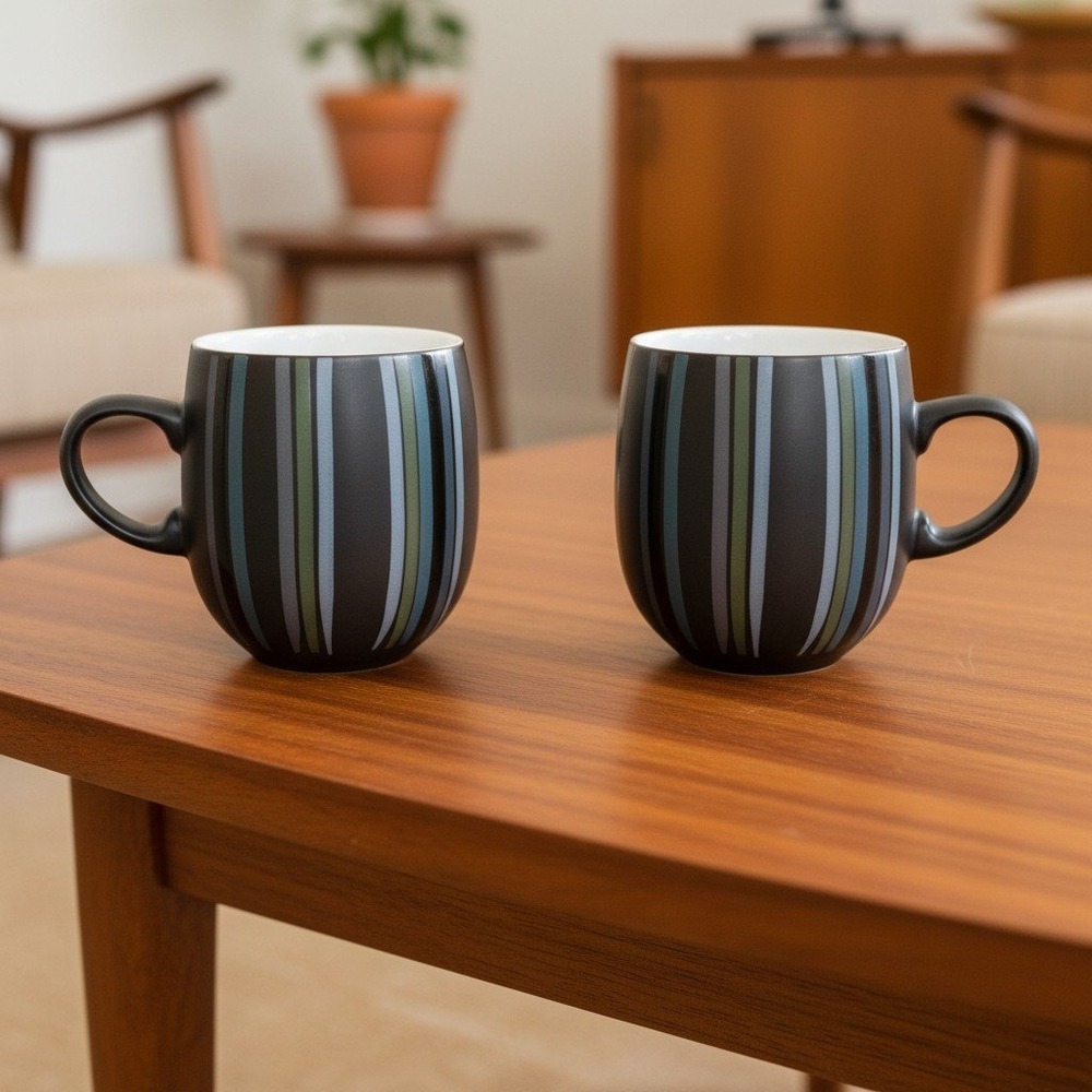 Set of 2 Denby Jet Stripes Curve Tea Coffee Mugs 8cm Diameter 10.5cm Tall.